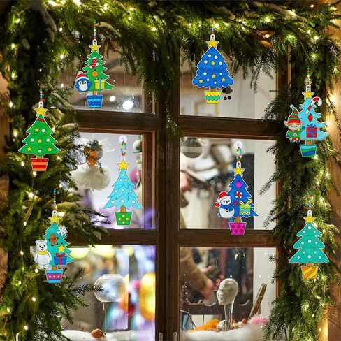 Winlyn 24 Sets Potted Christmas Tree Suncatchers Ornaments Decorations DIY Window Paint Art Suncatchers Winter Crafts Painting Kits for Kids Classroom Activities Art Project Party Favors in Saudi Arabia