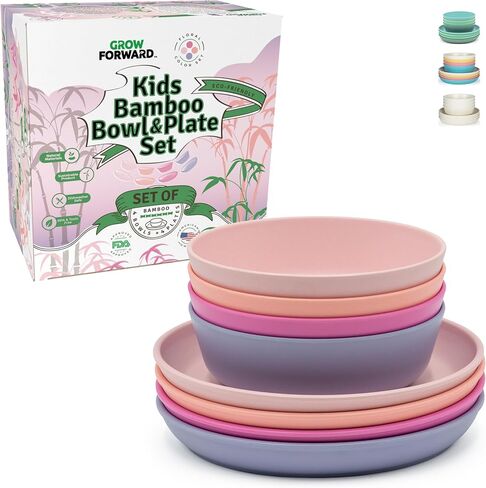 Grow Forward Bamboo Kids Plates and Bowls Set - 4 Bamboo Plates for Kids and 4 Bamboo Bowls for Kids - BPA Free & Dishwasher Safe - Eco Friendly and Reusable Childrens Dishes - Rainforest in Kuwait