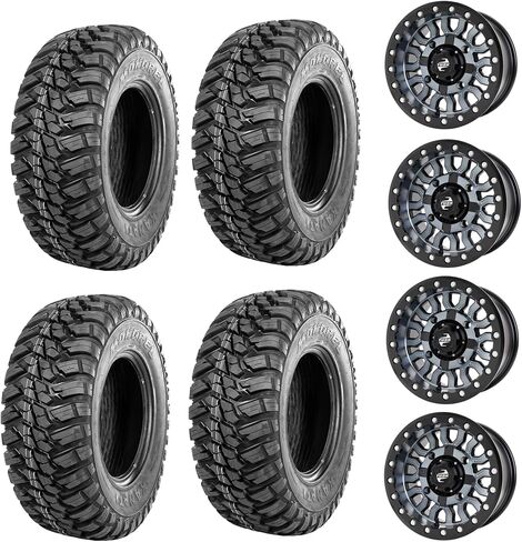 أربعة إطارات UTV شعاعية 32x10-14 GBC KANATI MONGREL مثبتة على عجلات Tusk FREMONT Beadlock - لنمط الترباس Can-Am Maverick X3-4/156 (أسود غير لامع، إزاحة عجلة 4+3) in Saudi Arabia