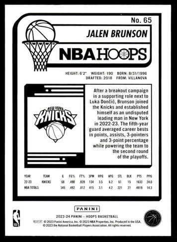2023-24 Panini Hoops #65 Jalen Brunson NM-MT New York Knicks Basketball Trading Card in Saudi Arabia