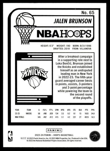 2023-24 Panini Hoops #65 Jalen Brunson NM-MT New York Knicks Basketball Trading Card in Saudi Arabia