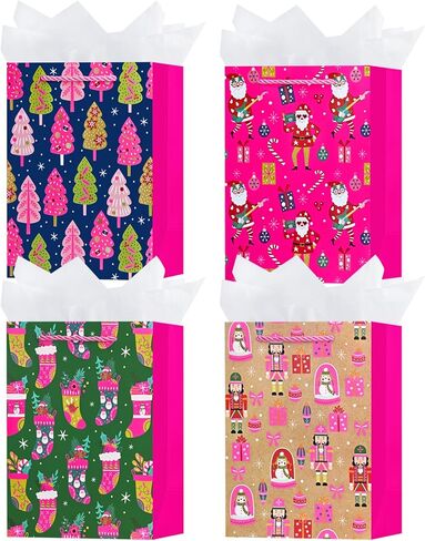 OFIHANLY 4 Pack 9" Small Size Christmas Gift Bags with Handles for Xmas Holiday Presents Hot Pink Cute Paper Wrapping Bag with Tissue Paper for Kids in Saudi Arabia