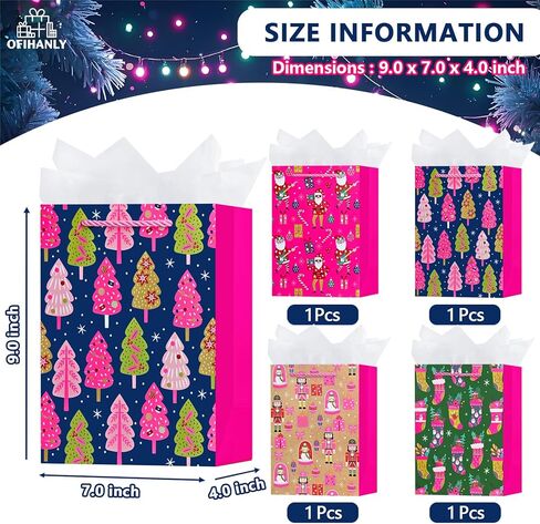 OFIHANLY 4 Pack 9" Small Size Christmas Gift Bags with Handles for Xmas Holiday Presents Hot Pink Cute Paper Wrapping Bag with Tissue Paper for Kids in Saudi Arabia
