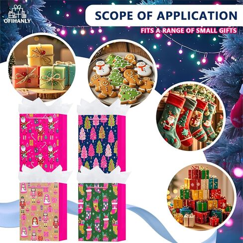 OFIHANLY 4 Pack 9" Small Size Christmas Gift Bags with Handles for Xmas Holiday Presents Hot Pink Cute Paper Wrapping Bag with Tissue Paper for Kids in Saudi Arabia