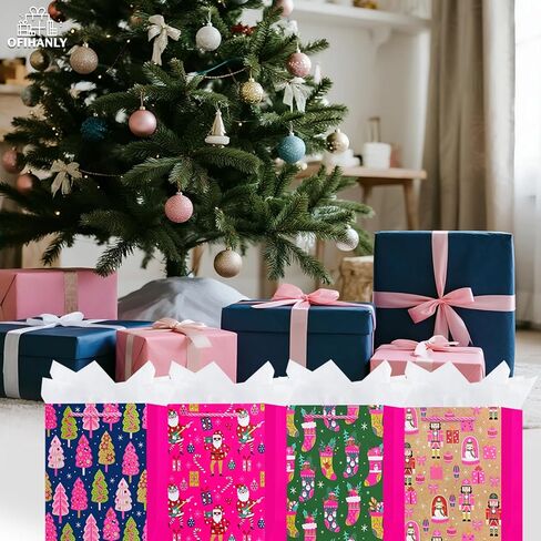 OFIHANLY 4 Pack 9" Small Size Christmas Gift Bags with Handles for Xmas Holiday Presents Hot Pink Cute Paper Wrapping Bag with Tissue Paper for Kids in Saudi Arabia