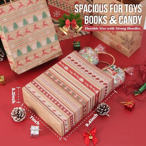 ETIONFUN Christmas Gift Bags, 24 Pack Christmas Treat Bags, 6 Assorted Kraft Paper Holiday Bags with Handles, Bulk Favor Candy Bags for Classroom, Office, Family & Party Gift Wrapping (9.4" x 7" x 3.2") in Saudi Arabia