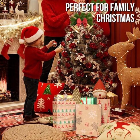 ETIONFUN Christmas Gift Bags, 24 Pack Christmas Treat Bags, 6 Assorted Kraft Paper Holiday Bags with Handles, Bulk Favor Candy Bags for Classroom, Office, Family & Party Gift Wrapping (9.4" x 7" x 3.2") in Saudi Arabia