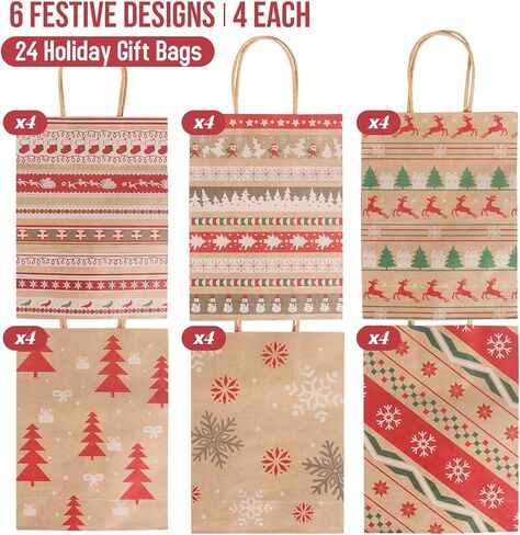 ETIONFUN Christmas Gift Bags, 24 Pack Christmas Treat Bags, 6 Assorted Kraft Paper Holiday Bags with Handles, Bulk Favor Candy Bags for Classroom, Office, Family & Party Gift Wrapping (9.4" x 7" x 3.2") in Saudi Arabia