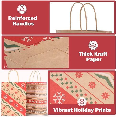 ETIONFUN Christmas Gift Bags, 24 Pack Christmas Treat Bags, 6 Assorted Kraft Paper Holiday Bags with Handles, Bulk Favor Candy Bags for Classroom, Office, Family & Party Gift Wrapping (9.4" x 7" x 3.2") in Saudi Arabia