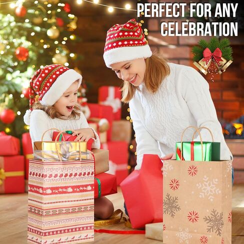 ETIONFUN Christmas Gift Bags, 24 Pack Christmas Treat Bags, 6 Assorted Kraft Paper Holiday Bags with Handles, Bulk Favor Candy Bags for Classroom, Office, Family & Party Gift Wrapping (9.4" x 7" x 3.2") in Saudi Arabia