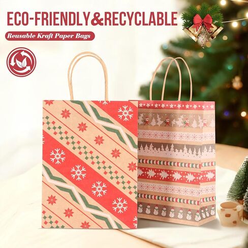 ETIONFUN Christmas Gift Bags, 24 Pack Christmas Treat Bags, 6 Assorted Kraft Paper Holiday Bags with Handles, Bulk Favor Candy Bags for Classroom, Office, Family & Party Gift Wrapping (9.4" x 7" x 3.2") in Saudi Arabia