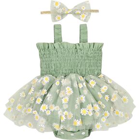 Aenbilo Baby Girl Clothes Summer Sleeveless Clothes Cute Tulle Flowers Ruffle Romper Bodysuit Cake Smash Outfits Headband