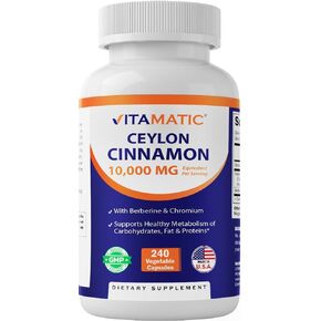 Vitamatic Ceylon Cinnamon 10000 mg Equivalent per Serving with Berberine & Chromium - 240 Vegetable Capsules - Non-GMO & Gluten Free