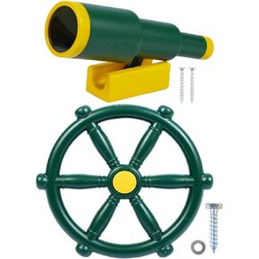 THAKSENY Playground Accessories for Kids, Swingset Attachments with Pirate Ship Wheel, Toy Telescope and Safety Handles，Pirate Accessories for Kids Treehouse (Gree 2 PCS)