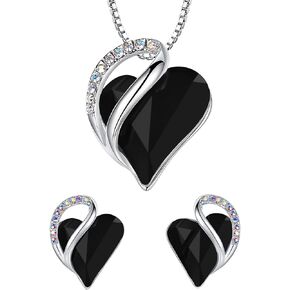 Leafael Infinity Love Heart Necklace and Stud Earrings for Women, Healing Stone for Protection Crystal Jewelry, Silver Tone Bundle Gifts for Women, Jet Black