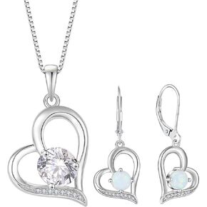 JIWOY Womens White Opal Earrings 925 Sterling Silver Heart Necklaces Jewelry Set for Women