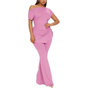 Salimdy Sexy 2 Piece Outfits for Women One Off Shoulder Irregular Split Short Sleeve Tops Ribbed Pant Set Tracksuit Clubwear