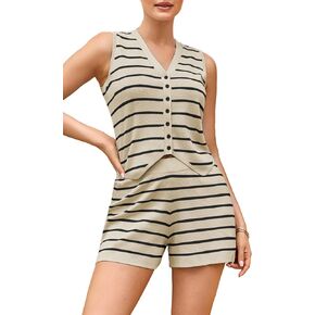 ECOWISH Women Two Piece Outfits: Summer Knit Striped Lounge Matching Set Sleeveless Button Down Tank Top and Shorts Pajamas