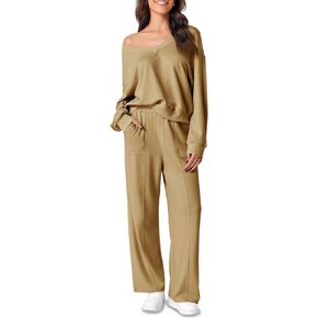 Fiosew Womens 2 Piece Sweat Set Sweatsuits V Neck Sweatshirt Pocketed SweatPants Casual Sport Tracksuits