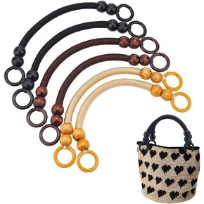 PH PandaHall 6pcs Wooden Beaded Bag Handles, 3 Colors U-Shpaed Purse Handle Nylon Purse Straps Rustic Bag Handle Replacement for Crocheted Bag Making Handbags Baskets Tote Bags, 37cm/14.6 inch