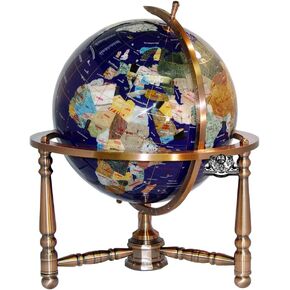Unique Art 19-Inch Tall Blue Lapis Ocean Table Top Gemstone World Globe with Copper Stand w USA Divided State Stones and Divided Canadian Provincial Stones