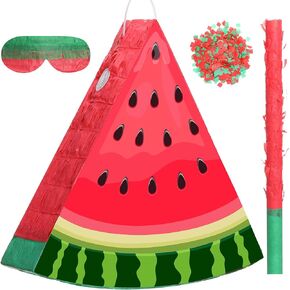 Aoriher Small Watermelon Pinata Summer Pinata with Blindfold Bat and Confetti for Kids Fruit Pinata Summer Fruit Pinata Decorations for Birthday Party Summer Theme Party Game Supplies, 12.6 x 13 x 3"
