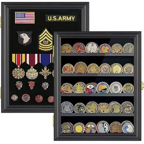 LIUYALO Medals Display Case Wall Frame for Collector, Military Challenge Coins Holder, Military Pins, Lockable Shadow Box with Removable Shelves Black