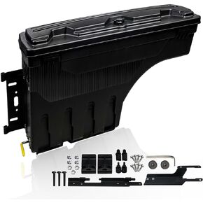 صندوق أدوات تخزين سرير شاحنة سباق Htostar متوافق مع Ford F-150 2015-2021 قابل للقفل ومقاوم للماء ومتين لسرير الشاحنة صندوق أدوات تخزين متأرجح جانب السائق باللون الأسود