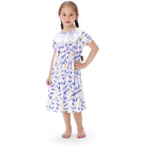 PATPAT Girls Princess Lace Nightgown Short Sleeve Sleepwear Nightdress O-Neck Loose Nightwear Homewear