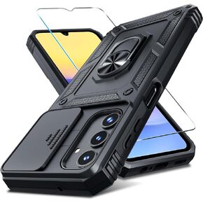 Janmitta Compatible with Samsung Galaxy A16 5G/4G Case Built in Slide Camera Lens Cover+Screen Protector+Finger Ring Holder Kickstand,Heavy Duty Shockproof Full Body Phone Cover,2025 Black