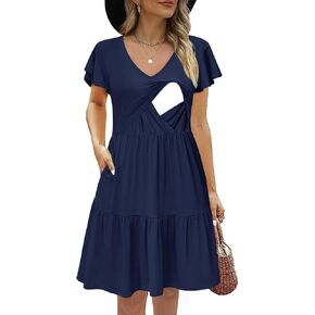 CzzzyL Women's Maternity Nursing Dress Ruffle Cap Sleeve Breastfeeding with Pockets