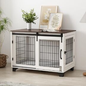 Piskyet Dog Crate Furniture Barn Door Dog Crate for Large Dogs Up to 80 lbs,Sliding Door Dog Crate Modern Decorative End Side Table Nightstand