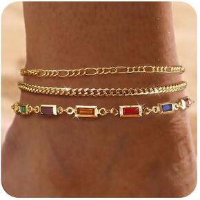 BERISO Ankle Bracelets for Women 14k Gold Plated Dainty Layered Diamond Waterproof Evil Eye CZ Anklets Set Stackable for Women Trendy Adjustable Size Jewelry Gifts for Women Teen Girls