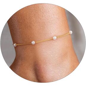 VIROMY Ankle Bracelets for Women Gold Chain 14K Gold Plated Pearls Beads Anklet Dainty Beach Summer Simple Foot Anklets for Girls