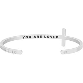 MantraBand Bracelet - Cross Religious Inspiration Bible Phrase - Inspirational Engraved Adjustable Mantra Band Cuff Bracelet - Silver - Gifts for Women