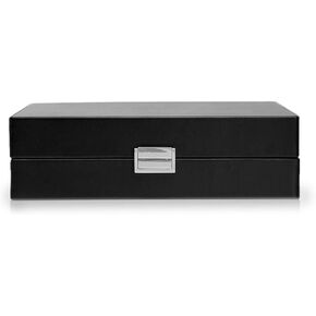 WOLF Heritage 4-Piece Watch Box with Valet, Black - Features Four Watch Compartments, Six Ring Rolls & 17 Additional Compartments - Faux Leather Exterior + Ultra-Suede Lining