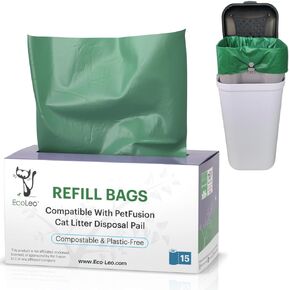 Dog Waste Station/Cat Litter Pail Bags, PetFusion Compatible, Certified Compostable, Plant-Derived, Long & Durable, Replacement Liner Bags (15 Count)