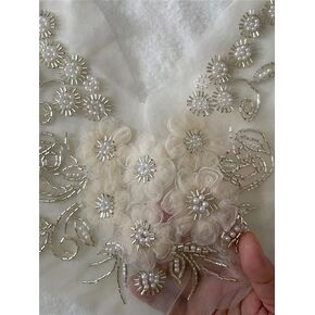 White Rhinestone Bridal Dress Neckline Crystal Pearl Beaded Lace Collar Applique Trim Patches for Wedding Gowns Dress Clothes Accessory(30X22CM,White)