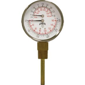 Winters TTD Series Steel Dual Scale Tridicator Thermometer with 2" Stem, 0-200psi/kpa, 3" Dial Display, ±3-2-3% Accuracy, 1/2" NPT Bottom Mount, 70-320 Deg F/C