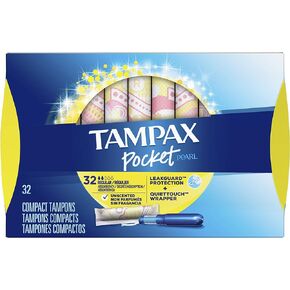 Tampax Pocket Pearl Tampons Regular Absorbency with LeakGuard Braid, Unscented, 32 Count