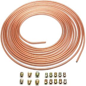 BESULEN Car Brake Line Tubing Kit, 25 Ft 3/16 Brake Tube with 16 Pipe Fittings Nuts, Zinc Coated Copper Flexible Brake Line, Vehicle Accessories Universal Replacement Tubing Coil for Cars