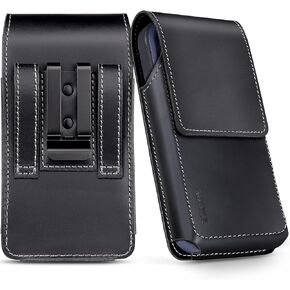 ykooe Genuine Leather Phone Holster for iPhone 15, 15 Pro 14, 14 Pro, 13 Pro, 13, 12 Pro, 12, 11 Pro Cell Phone Belt Holder with Belt Clip, Black-L