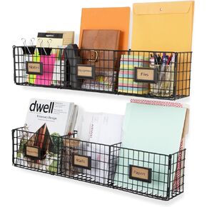 Wall35 Amalfi Hanging File Folders Office Desk Organizer Wall Mount Wire Basket Storage Magazine Holder 3 Sectional Set of 2 Black
