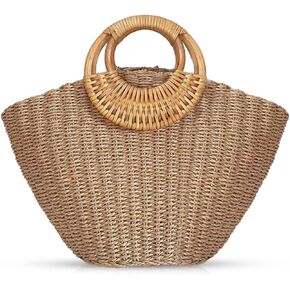 QTKJ Straw Bag, Summer Beach Bag for Women, Hand-Woven Handbag, Creative Bamboo Handle, Large Woven Bag for Vacation Travel Daily(Khaki)