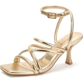 Carcuume Women's Square Toe Strappy Heeled Sandals Ankle Buckle Kitten Heel