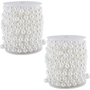 ZEONHEI 2 Roll 65 FT 10mm Pearls Beads Garland, Faux Pearl Beads Chain, White Pearl Bead Roll and Pearl Trim Garland, String of Pearls for Crafts and Christmas Tree