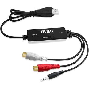 FLY KAN USB 2.0 Audio Capture Card for Windows 10/8.1/8 / 7 / and Mac OS 10.14 - Audio Grabber for Vinyl Cassette Tapes to mp3 Converter