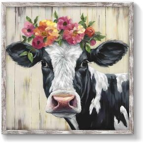 Cow Rustic Wood Wall Art: Farmhouse Barn Painting Greenfield Country Framed Artwork Countryside Decoration for Living Room Bedroom Office