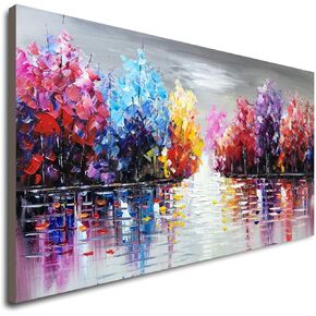 Hand Painted Lake Landscape Canvas Wall Art with Colorful Tree Thick Texture Oil Painting Abstract Artwork (48 x 24 inch)