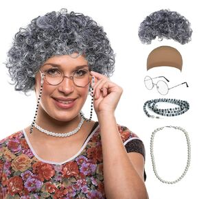 GenmeiFBH Old Lady Wig Costume Set,Gray Hair Grandma Wig,Granny Costume Wig with Wig Cap,Glasses, Glasses Chain and Pearl Necklace, 5 Piece Set.